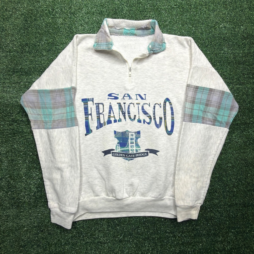 Vintage San Francisco Golden Gate Bridge Quarter Zip Thrashed Sweatshirt Gray XL